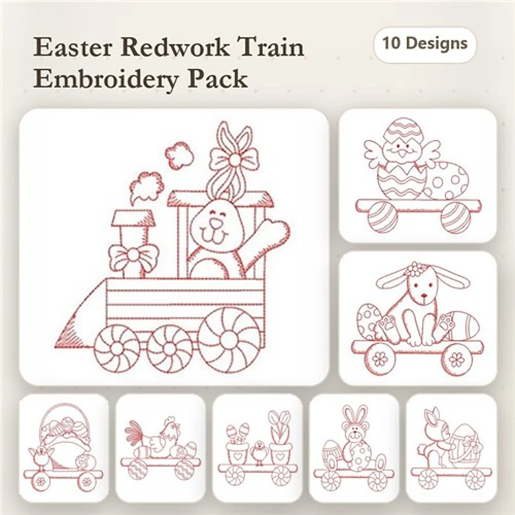 Redwork Easter Train Embroidery Designs Bundle – Bunny, Chick, Easter Egg & More (10 Designs)