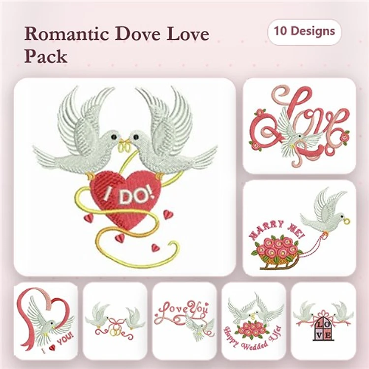 Romantic Love Embroidery Bundle – Doves with Heart, Love, Marry Me & More (10 Designs)