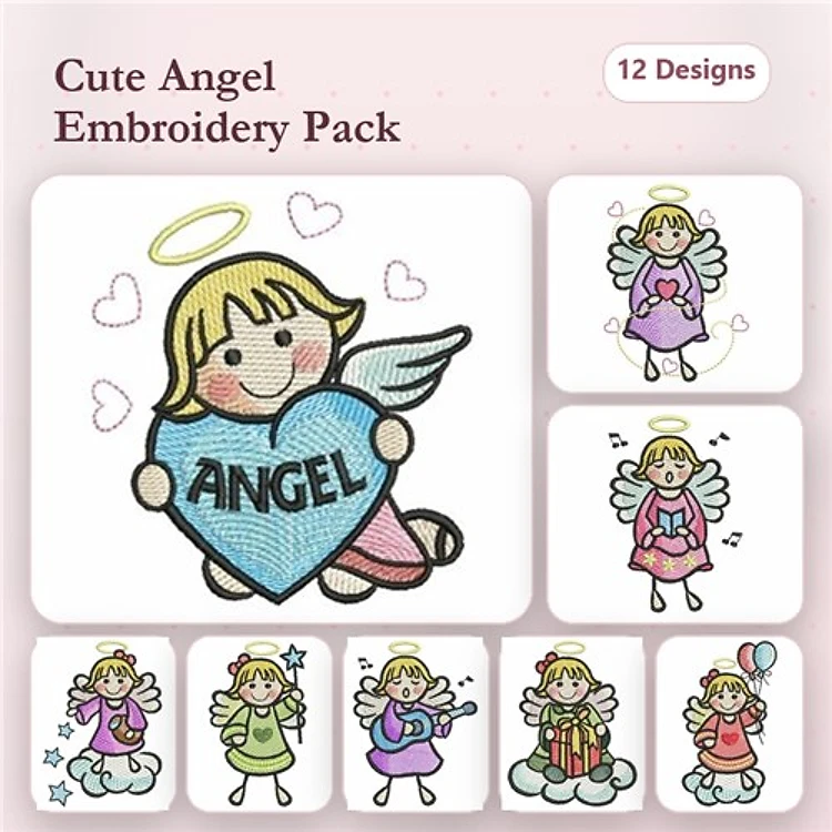 Cute Angel Embroidery Designs Bundle – Angel with Heart, Angel on Cloud, Angel Holding Gift & More (12 Designs)