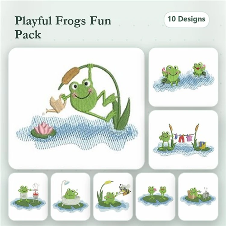 Playful Frog Embroidery Designs Bundle – Frog Catching Fly, Frog on Lily Pad, Frog Riding Turtle & More (10 Designs)