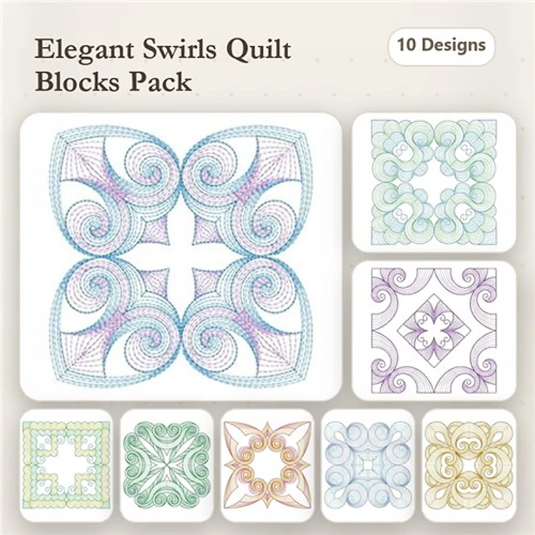 Rippled Elegant Swirl Embroidery Designs Bundle – Swirl Quilt Block, Ornate Swirl Block, Floral Swirl Block & More (10 Designs)