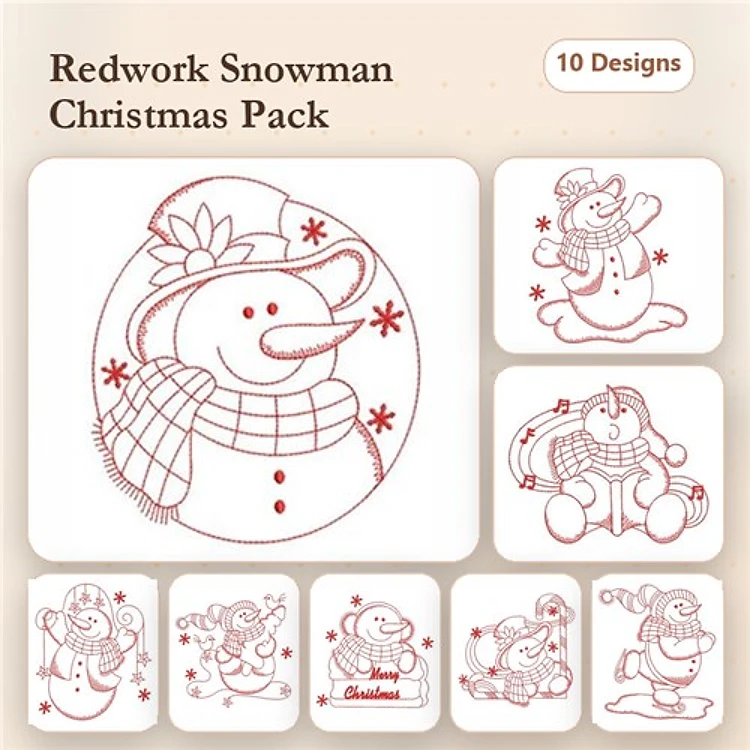 Redwork Snowman Holiday Embroidery Designs Bundle – Snowman with Scarf, Snowman with Top Hat, Snowman Holding Present & More (10 Designs)