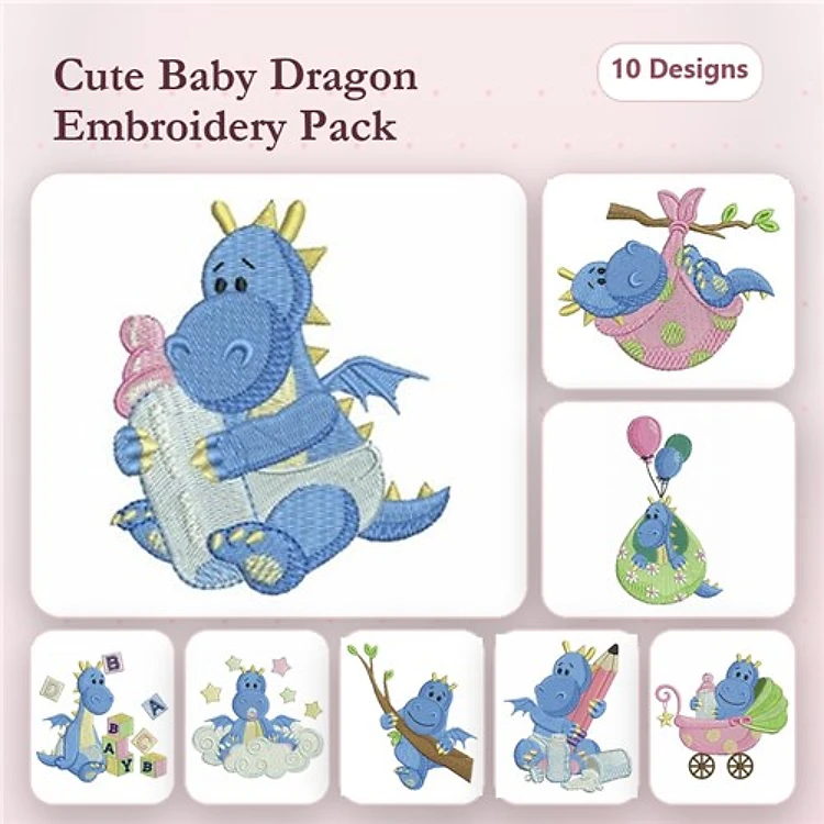 Cute Baby Dragon Embroidery Bundle – Baby Dragon with Bottle, Baby Dragon in Egg, Baby Dragon Flying & More (10 Designs)