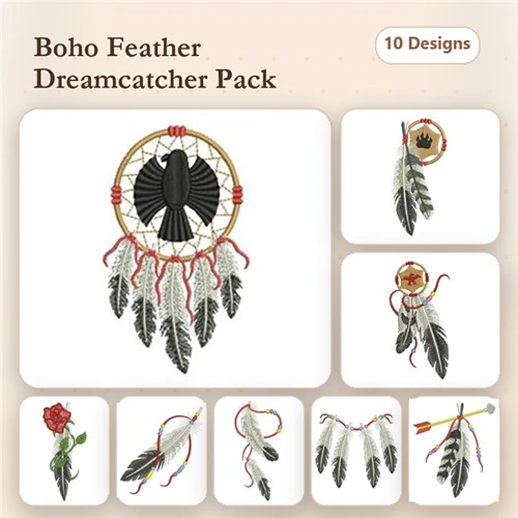 Dreamcatcher Embroidery Bundle – Black Bird, Red Flower, Crown & More (10 Designs)