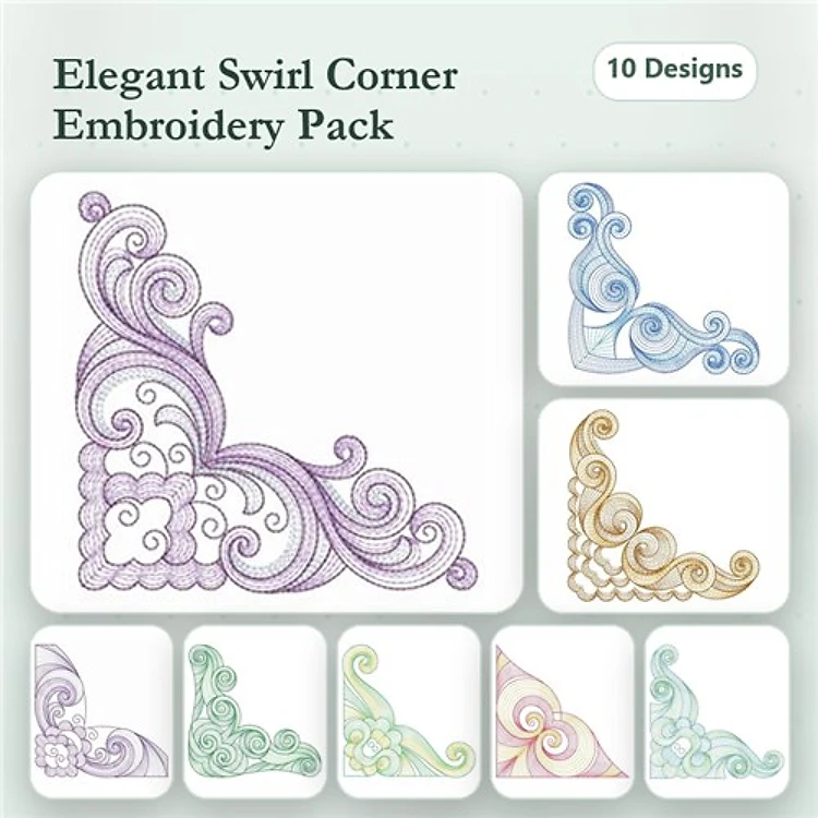 Rippled Elegant Swirl Corner Embellishments Embroidery Bundle – Swirl Corner Design 1, Swirl Corner Design 2 & More (10 Designs)