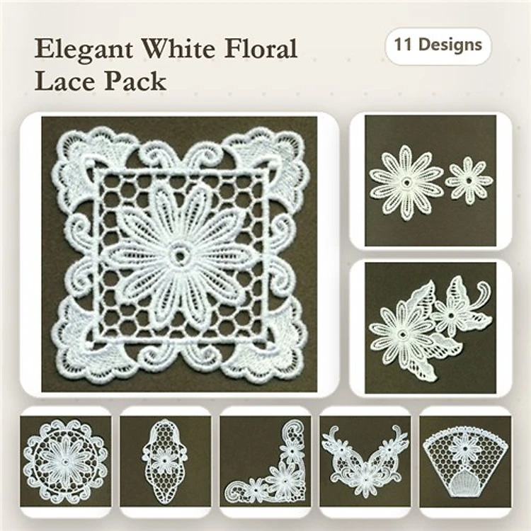 FSL Elegant Floral Lace Embroidery Bundle – Lace Butterfly, Lace Flower Square, Decorative Lace Doily & More (11 Designs)