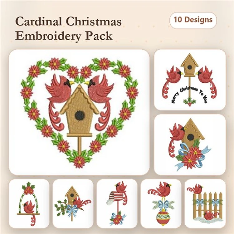 Cardinal Christmas Embroidery Designs Bundle – Cardinal and Birdhouse Heart, Cardinal with Flowers, & More (10 Designs)