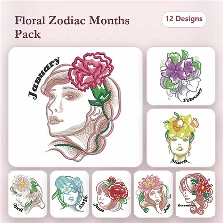 Floral Zodiac Month Portraits Embroidery Bundle – January, February, March & More (12 Designs)