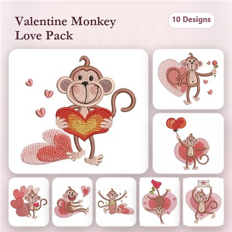 Monkey Embroidery Designs Bundle – Monkey with Hearts, Monkey Holding Heart, Happy Monkey & More (10 Designs)