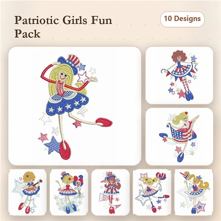 Patriotic Girls Embroidery Designs Bundle – Girl with Drum, Dancer with Stars, Flag & More (10 Designs)