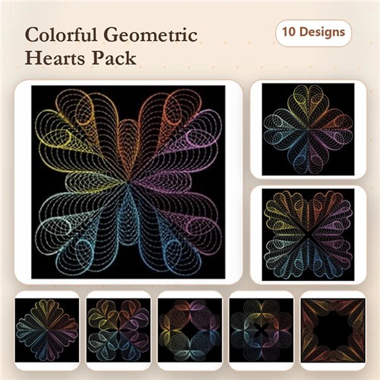 Rippled Colorful Geometric Hearts Embroidery Bundle – Heart Shapes & More (10 Designs)