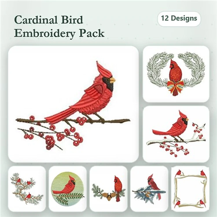 Cardinal Birds Embroidery Bundle – Cardinal on Branch, Cardinal with Berries, Cardinal Wreath with Bow & More (12 Designs)