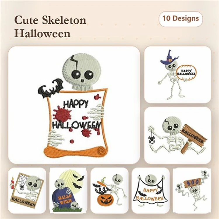 Cute Skeleton Halloween Embroidery Designs Bundle – Skeleton with Sign, Skeleton Witch, Happy Halloween Skeleton & More (10 Designs)