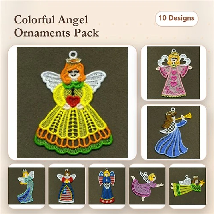 FSL Colorful Angel Ornaments Embroidery Bundle – Angel with Red Heart, Pink Dress, Blue Dress & More (10 Designs)