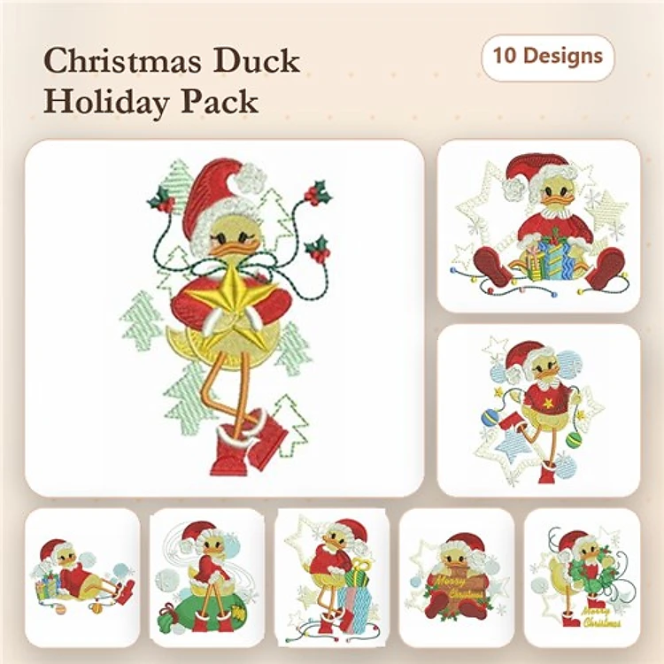 Christmas Ducks Embroidery Bundle – Duck with Gift, Duck with Lights, Duck with Tree & More (10 Designs)