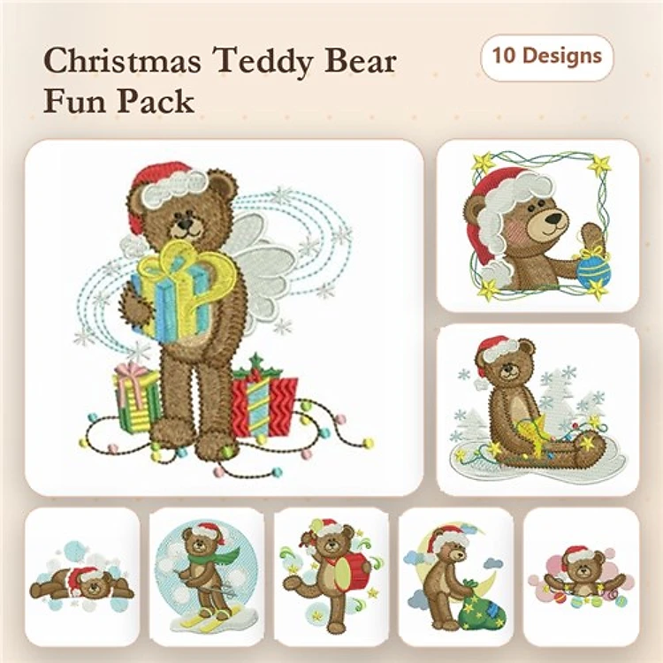 Christmas Teddy Bears Embroidery Bundle – Teddy Bear with Gift, Ornaments, Sitting & More (10 Designs)