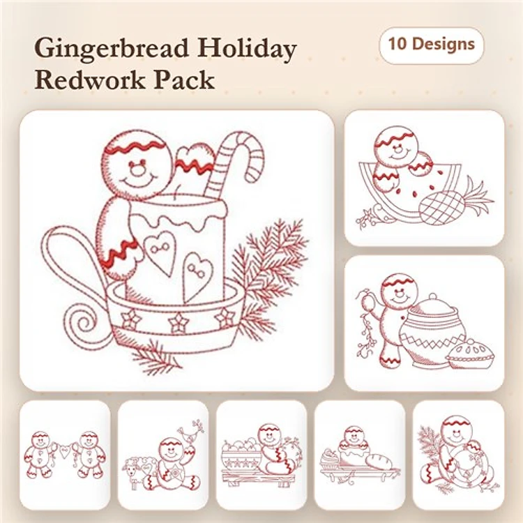 Redwork Gingerbread Holiday Embroidery Designs Bundle – Gingerbread in Mug, Gingerbread with Candy Cane, & More (10 Designs)