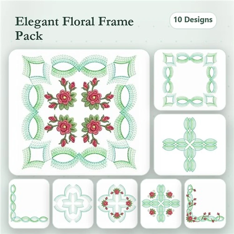 Rippled Floral Embellishments Embroidery Designs Bundle – Elegant Floral Frames, Decorative Corners & More (10 Designs)