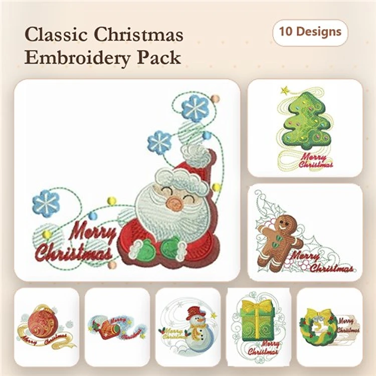 Classic Christmas Embroidery Designs Bundle – Santa Claus, Christmas Tree, Gingerbread Man & More (10 Designs)