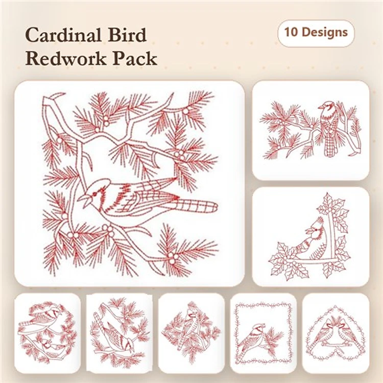 Redwork Cardinal Bird Embroidery Bundle – Cardinal in Holly, Cardinal with Gift Box, & More (10 Designs)