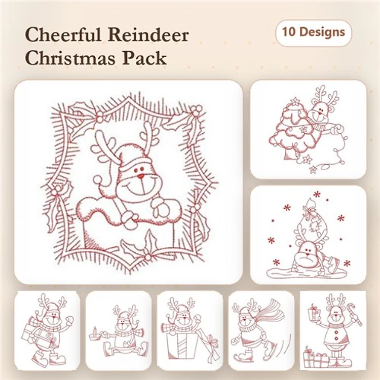 Redwork Cheerful Reindeer Embroidery Designs Bundle – Reindeer with Gifts, Santa with Reindeer, & More (10 Designs)
