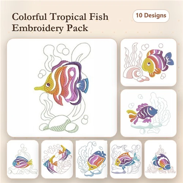 Tropical Fish Embroidery Designs Bundle – Colorful Tropical Fish, Striped Tropical Fish, Seashell with Tropical Fish & More (10 Designs)