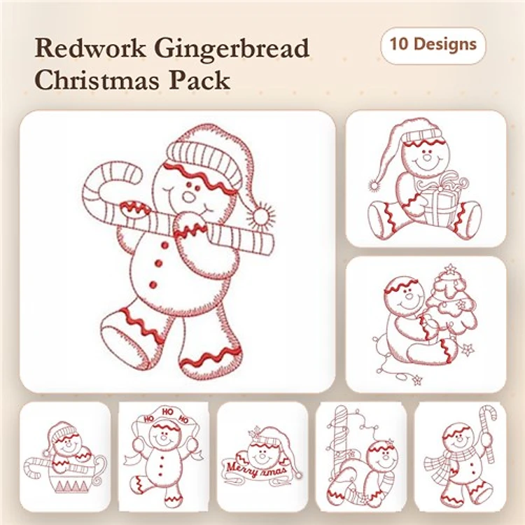 Redwork Gingerbread Christmas Figures Embroidery Designs Bundle – Gingerbread Man with Candy Cane, Gingerbread Woman with Bow & More (10 Designs)