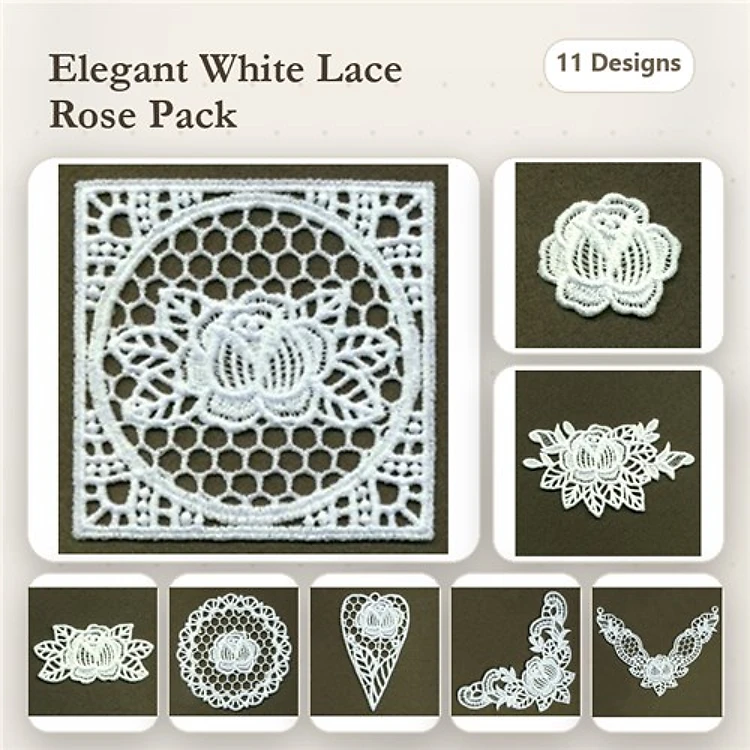 FSL Elegant Lace Rose Embroidery Designs Bundle – Rose Motifs, Borders, Frames & More (11 Designs)