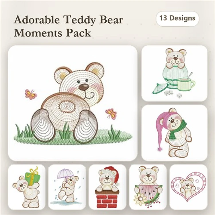Teddy Bear Embroidery Designs Bundle – Butterflies, Cooking Utensils, Christmas Tree & More (13 Designs)