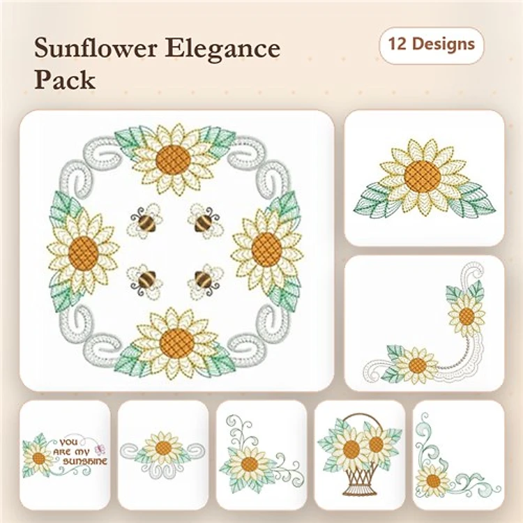 Sunflower Embroidery Designs Bundle – Sunflower with Bees, Wreath, Basket, & More (12 Designs)
