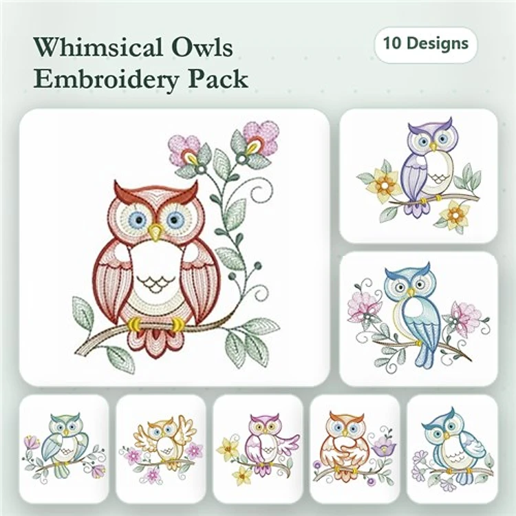 Owl Embroidery Designs Bundle – Brown Owl, Blue Owl, Owl with Flowers & More (10 Designs)