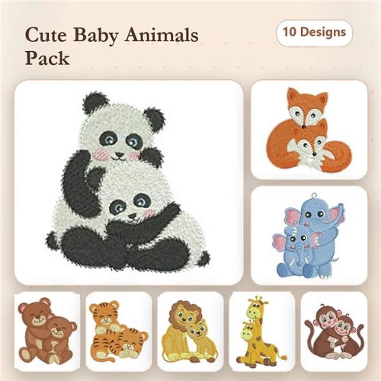 Cute Baby Animals Embroidery Bundle – Baby Pandas, Red Fox, Baby Elephant & More (10 Designs)