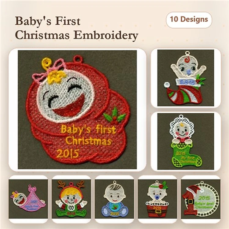 FSL Baby's First Christmas Embroidery Bundle – Snowman, Santa Claus, Ornament & More (10 Designs)