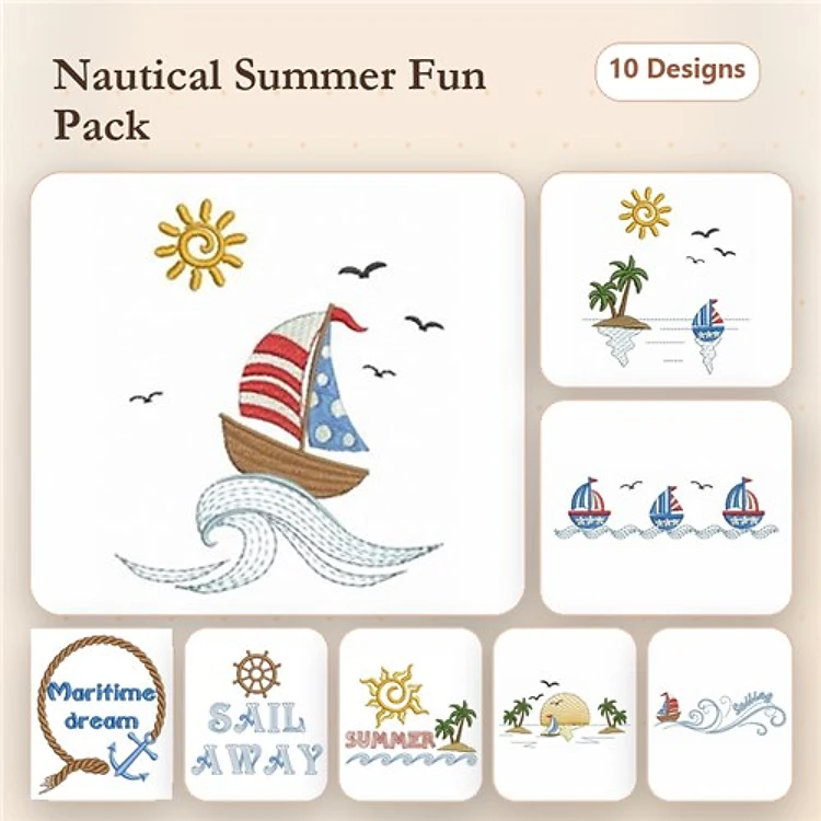 Nautical Summer Embroidery Designs Bundle – Sailboat with Waves, Sunshine, Palm Tree & More (10 Designs)