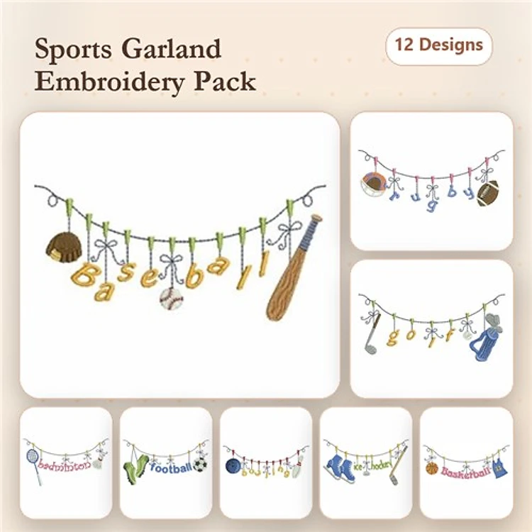 Sports Themed Embroidery Designs Bundle – Baseball, Football, Soccer Ball, Basketball & More (12 Designs)