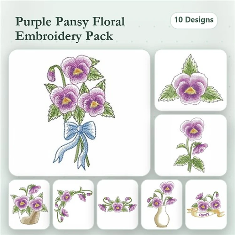 Purple Pansy Floral Embroidery Bundle – Pansy Bouquet with Bow, Pansy Plant in Vase, Pansy Wreath & More (10 Designs)