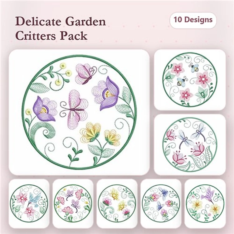 Garden Floral Embroidery Designs Bundle – Butterfly with Flowers, Pink Flower, Rose with Butterfly & More (10 Designs)