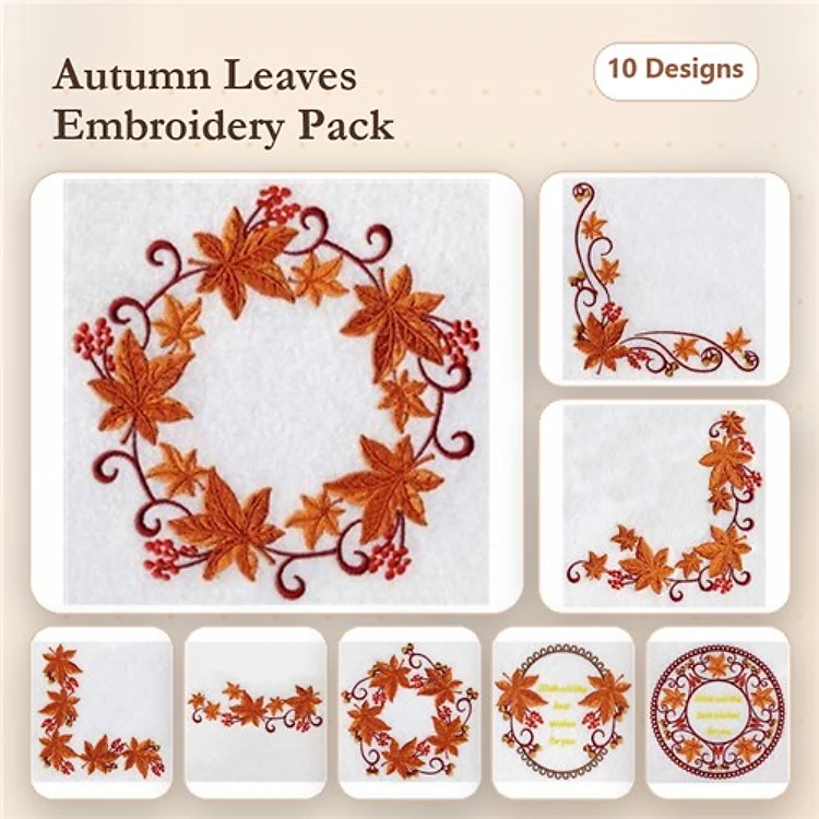 Autumn Leaves Embroidery Designs Bundle – Leaf Wreath, Floral Corner, Leaf Swirl & More (10 Designs)