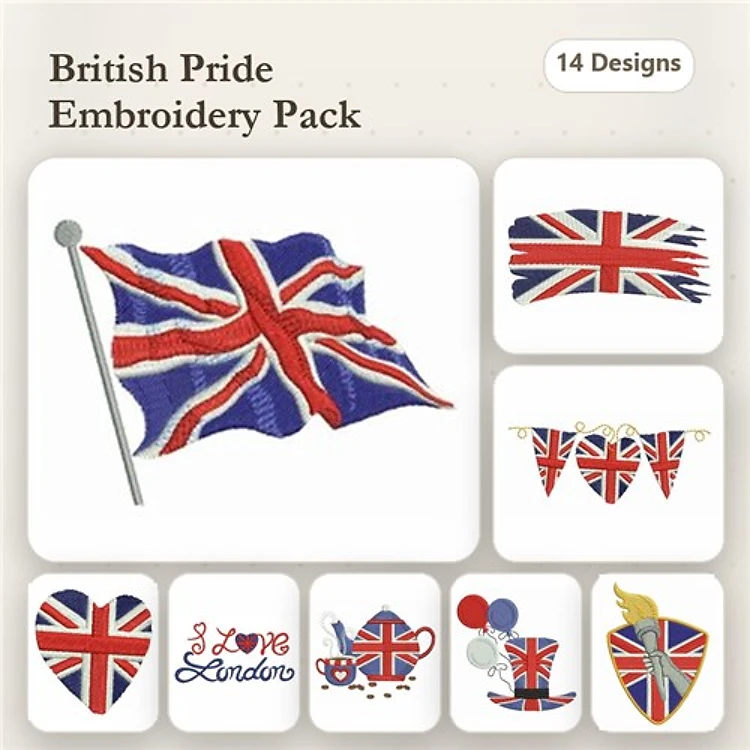 British Flag Embroidery Designs Bundle – Union Jack Flag, I Love London, Teapot with Union Jack & More (14 Designs)