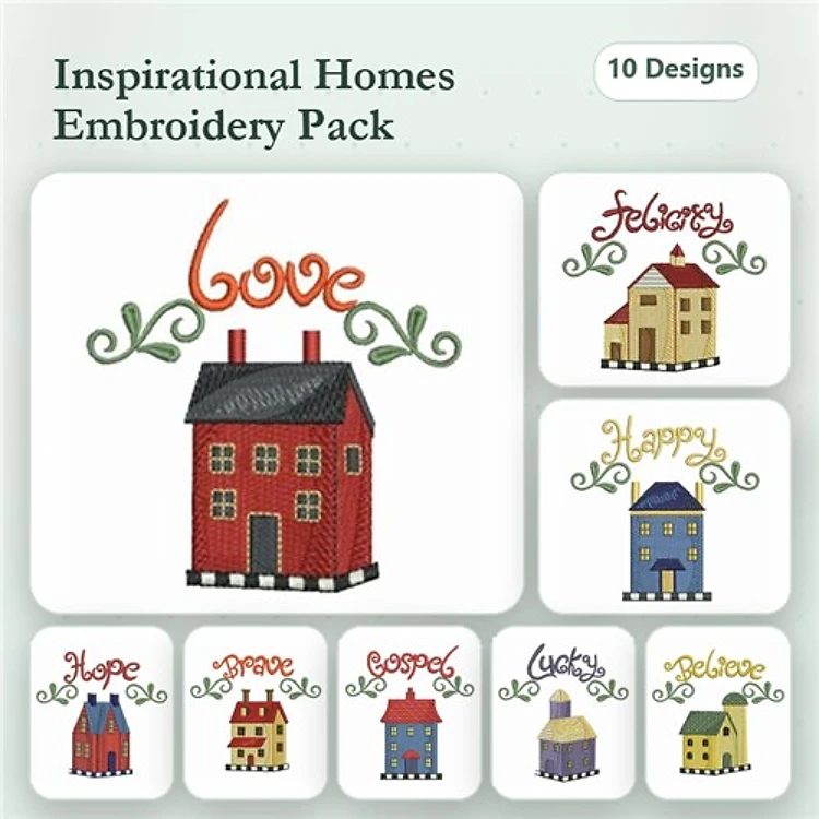 Inspirational Houses Embroidery Designs Bundle – House with Love, House with Happy, House with Hope & More (10 Designs)