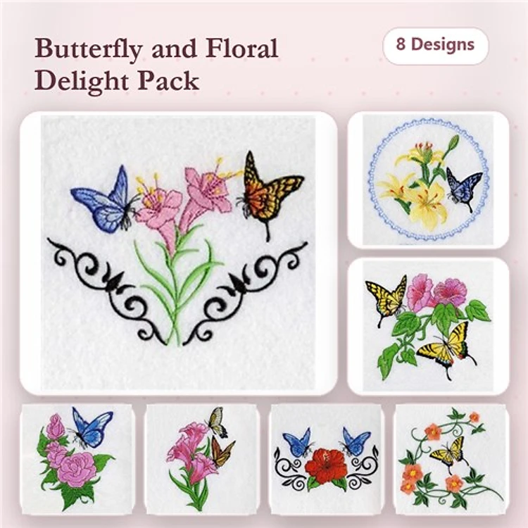 Butterflies & Floral Arrangements Embroidery Designs Bundle – Pink Floral Arrangement, Blue Butterfly on Flower, & More (8 Designs)