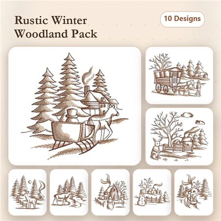Redwork Rustic Winter Scenes Embroidery Bundle – Sleigh with Deer, Winter Cabin, Wooden Wagon & More (10 Designs)