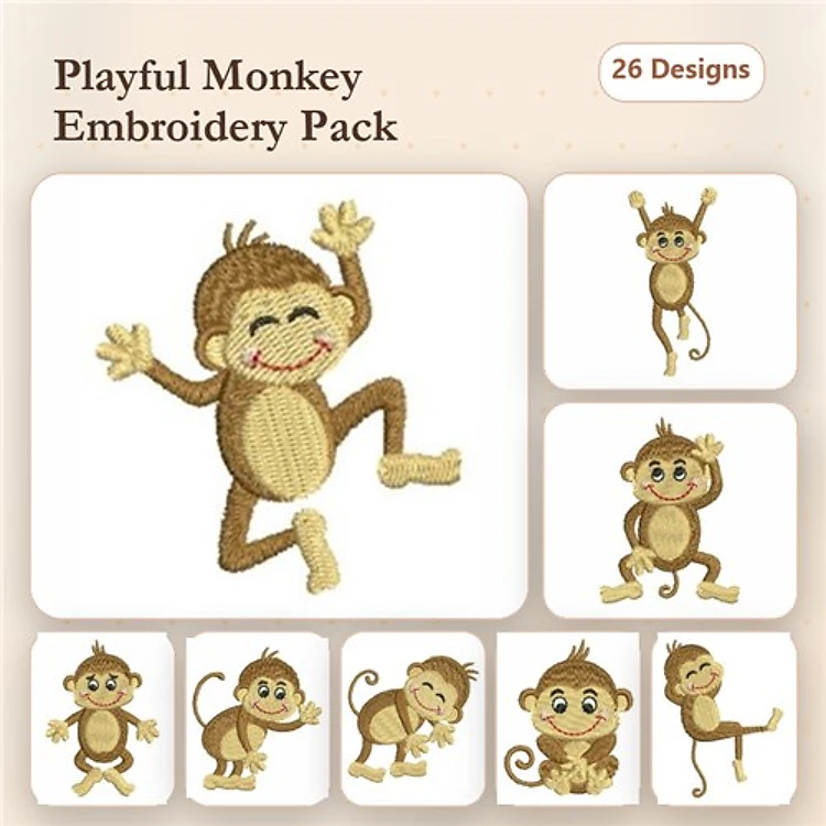 Playful Monkey Embroidery Bundle – Dancing, Smiling, Waving & More (26 Designs)