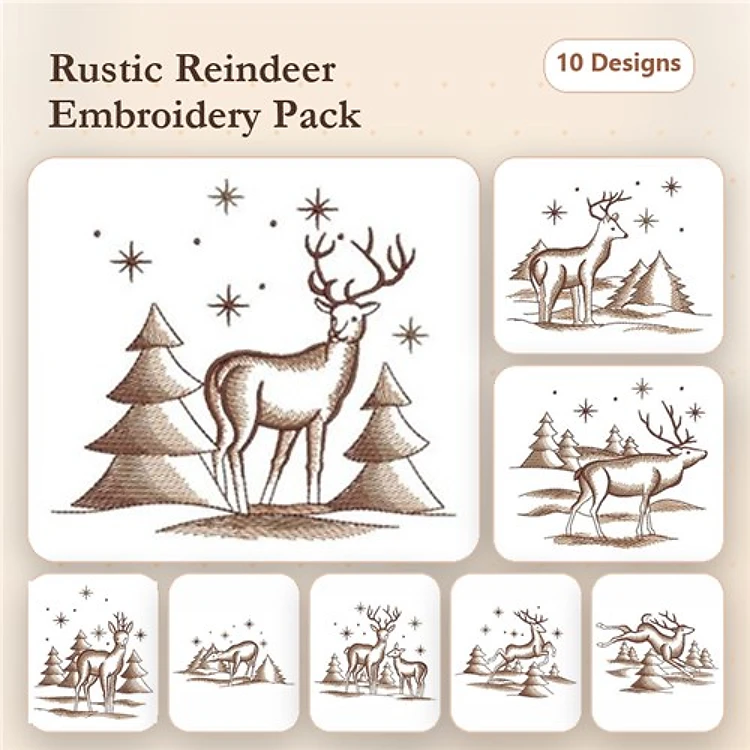 Redwork Rustic Reindeer Embroidery Bundle – Reindeer with Trees, Standing Reindeer, Reindeer in the Snow & More (10 Designs)