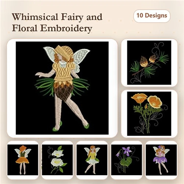 Fairy & Floral Embroidery Designs Bundle – Whimsical Fairy, Orange Flowers, Lily Blossom & More (10 Designs)