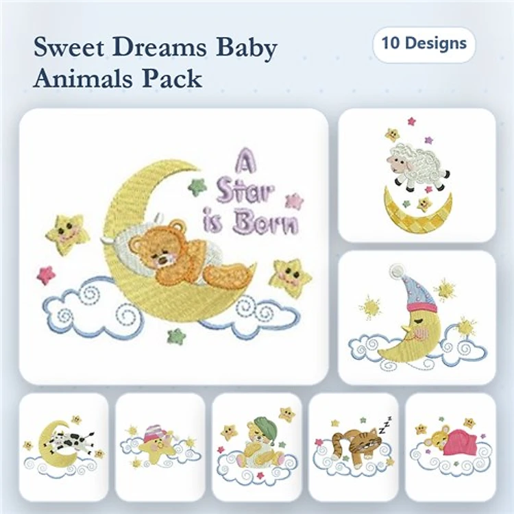 Baby Animals on Crescent Moon Embroidery Bundle – Teddy Bear, Sheep, Cat, Dog & More (10 Designs)