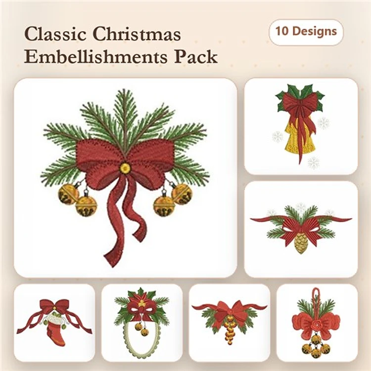Classic Christmas Embroidery Designs Bundle – Pine Cone with Bells, Christmas Bells with Ribbon, Gift with Bow & More (10 Designs)