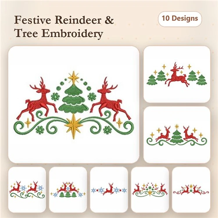 Festive Reindeer & Christmas Trees Embroidery Designs Bundle – Reindeer with Star, Ornamental Reindeer, Christmas Tree with Ornaments & More (10 Designs)
