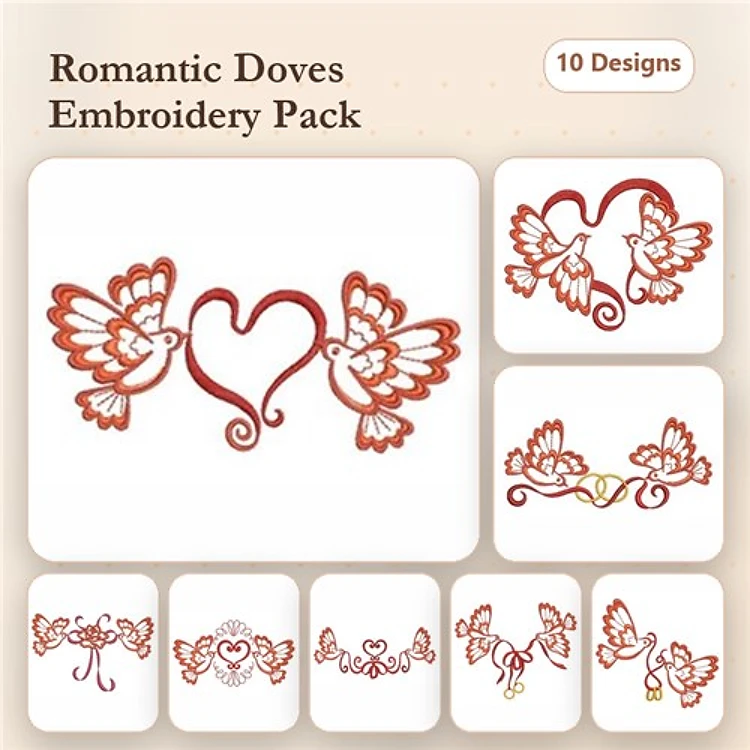 Redwork Doves & Hearts Embroidery Designs Bundle – Dove with Heart, Heart Flourish, Dove Love & More (10 Designs)