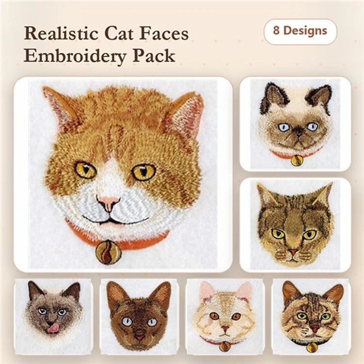 Realistic Cat Faces Embroidery Designs Bundle – Orange Tabby, Siamese, Persian & More (8 Designs)